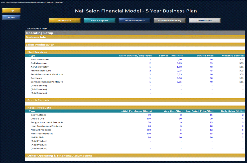 This is a partial preview of Nail Salon Financial Model - 5 Year Business Plan (Excel workbook (XLSX)). 
