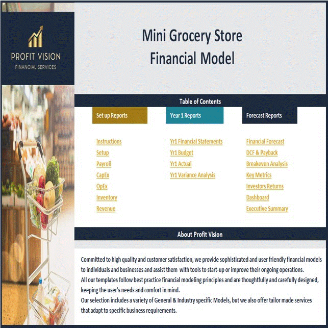 This is a partial preview of Mini Grocery Store - Dynamic 10 Year Financial Model (Excel workbook (XLSX)). 