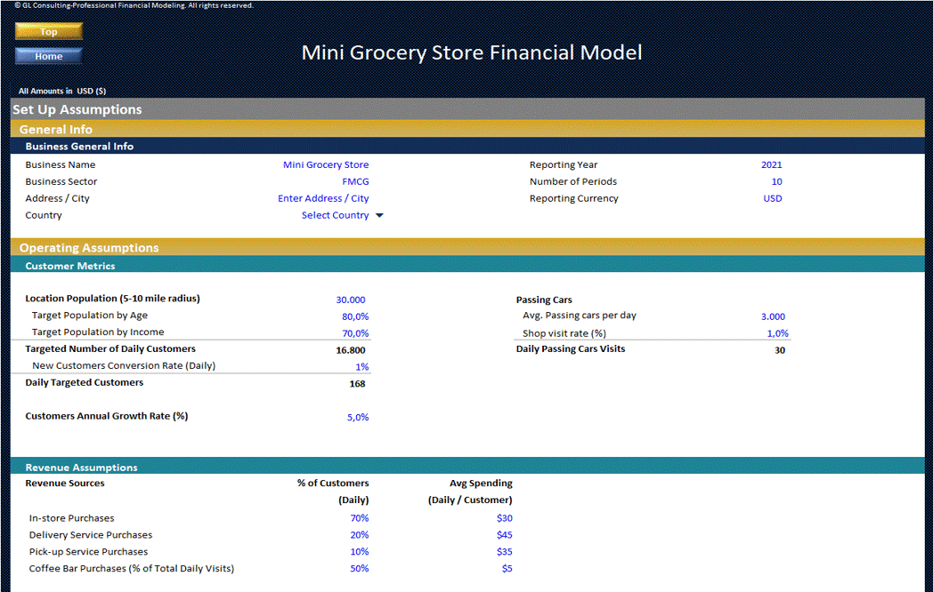 This is a partial preview of Mini Grocery Store - Dynamic 10 Year Financial Model (Excel workbook (XLSX)). 