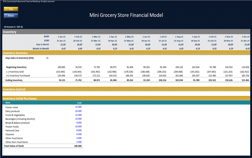 Mini Grocery Store - Dynamic 10 Year Financial Model (Excel template (XLSX)) Preview Image