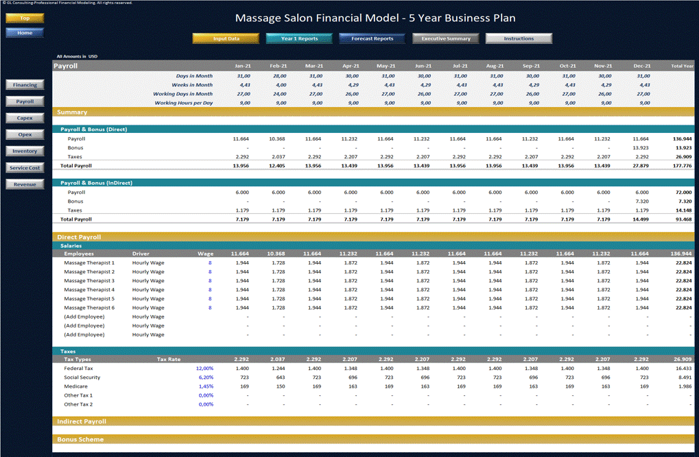 This is a partial preview of Massage Salon Financial Model - 5 Year Business Plan (Excel workbook (XLSX)). 