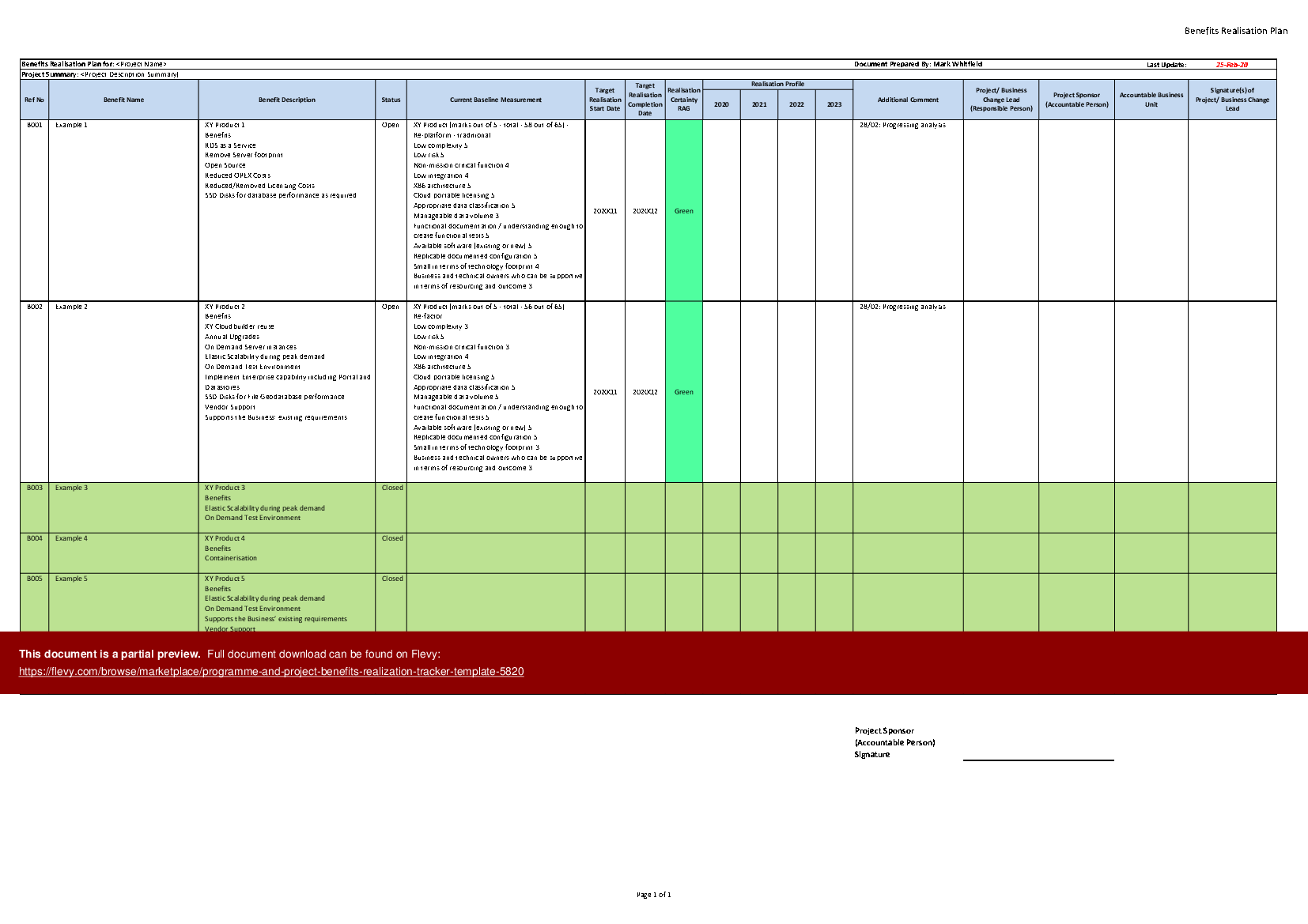 Programme & Project Benefits Realization Tracker Template (Excel template (XLSX)) Preview Image