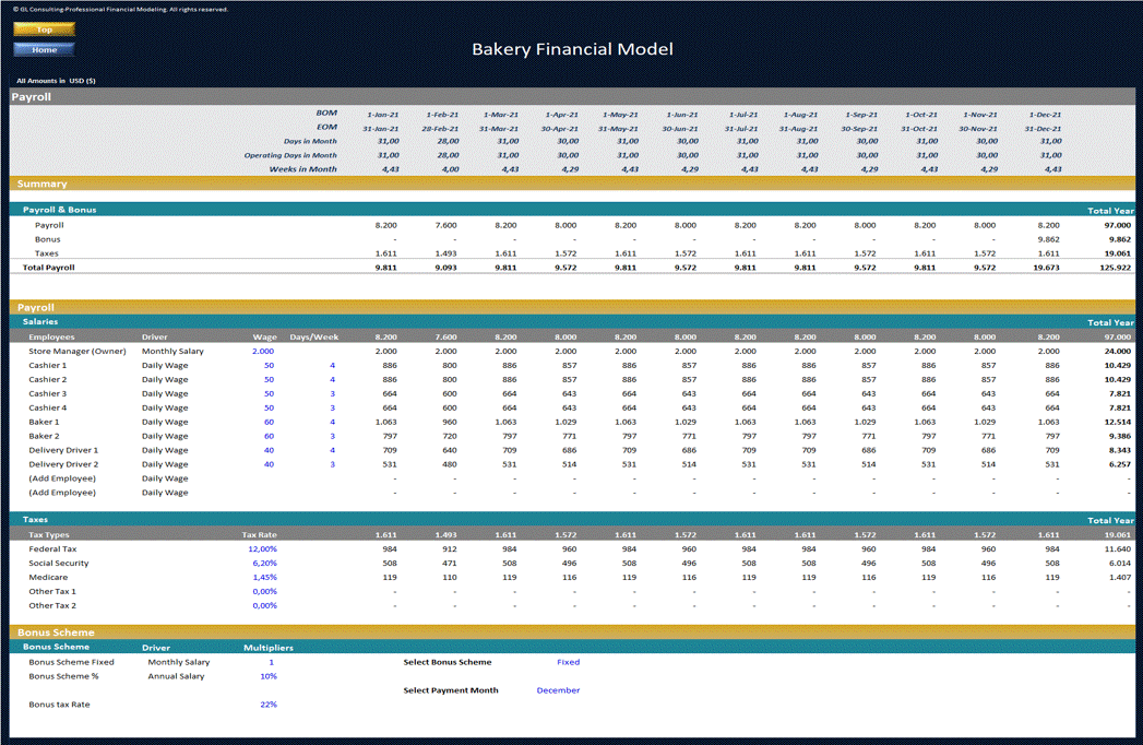 This is a partial preview of Bakery Financial Model - Dynamic 10 Year Forecast (Excel workbook (XLSX)). 