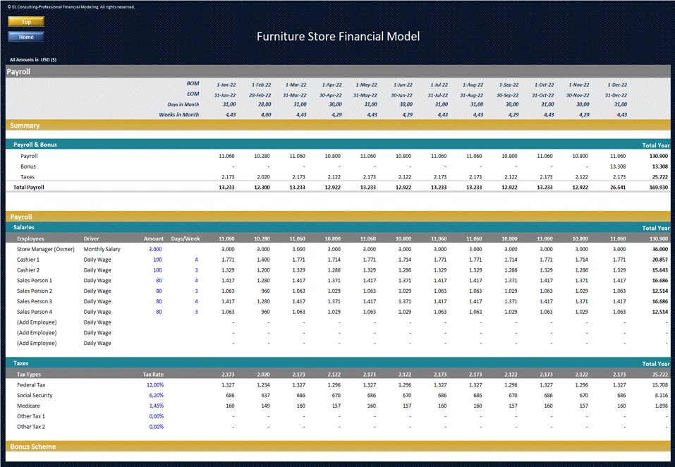 This is a partial preview of Furniture Store Financial Model - Dynamic 10 Year Forecast (Excel workbook (XLSX)). 