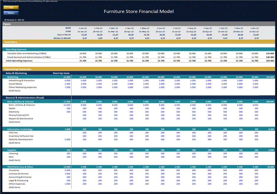 Furniture Store Financial Model - Dynamic 10 Year Forecast (Excel template (XLSX)) Preview Image