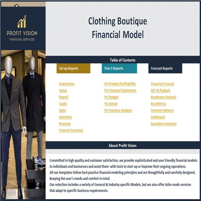 This is a partial preview of Clothing Boutique Financial Model - Dynamic 10 Year Forecast (Excel workbook (XLSX)). 