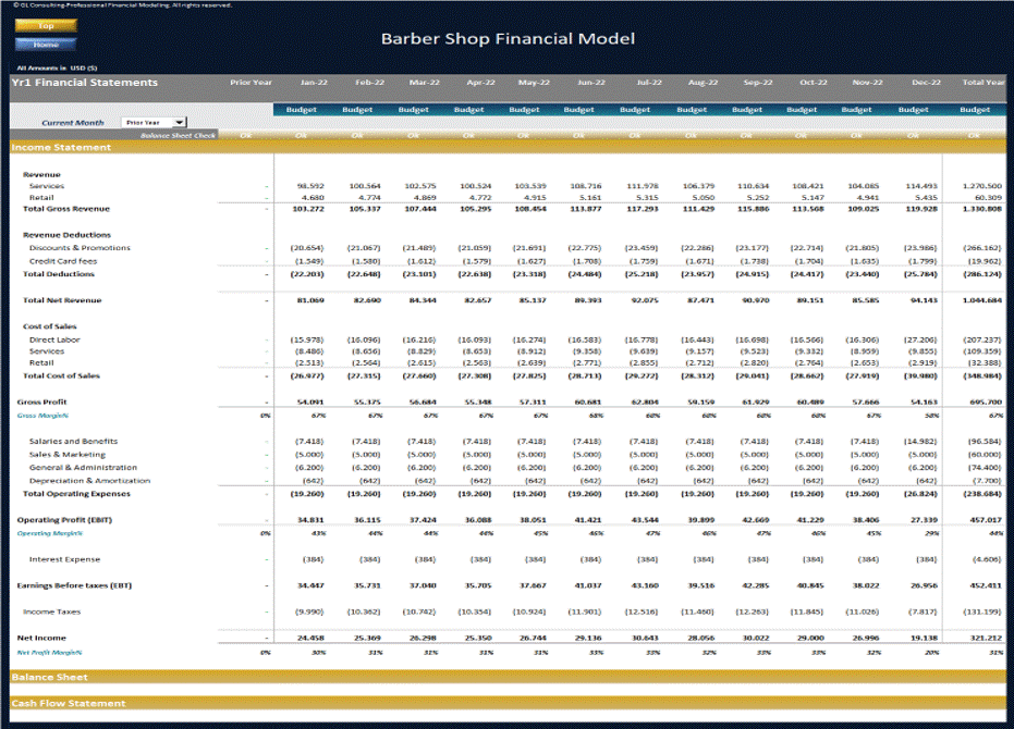 Barber Shop Financial Model - Dynamic 10 Year Forecast (Excel template (XLSX)) Preview Image
