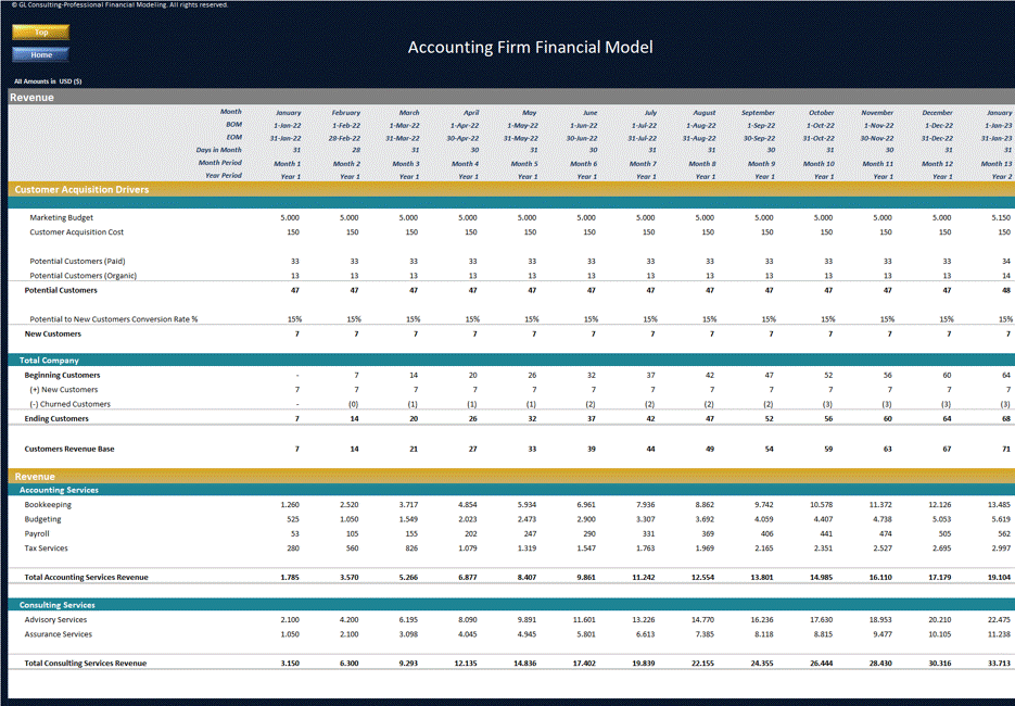 This is a partial preview of Accounting Firm Financial Model - Dynamic 10 Year Forecast (Excel workbook (XLSX)). 