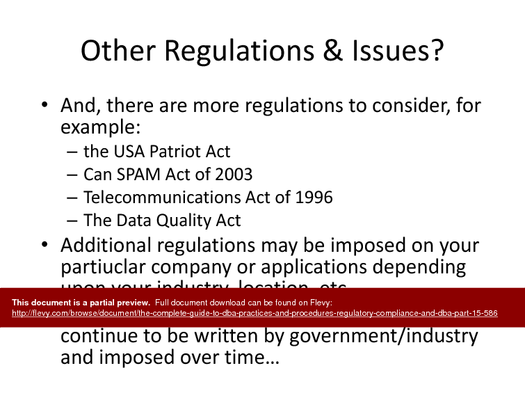 The Complete Guide to DBA Practices & Procedures - Regulatory Compliance & DBA - Part 15 (54-slide PPT PowerPoint presentation (PPTX)) Preview Image