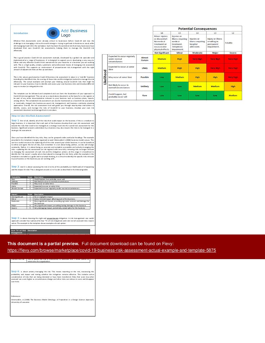 This is a partial preview of COVID-19 Business Risk Assessment Actual Example & Template (Excel workbook (XLSX)). 