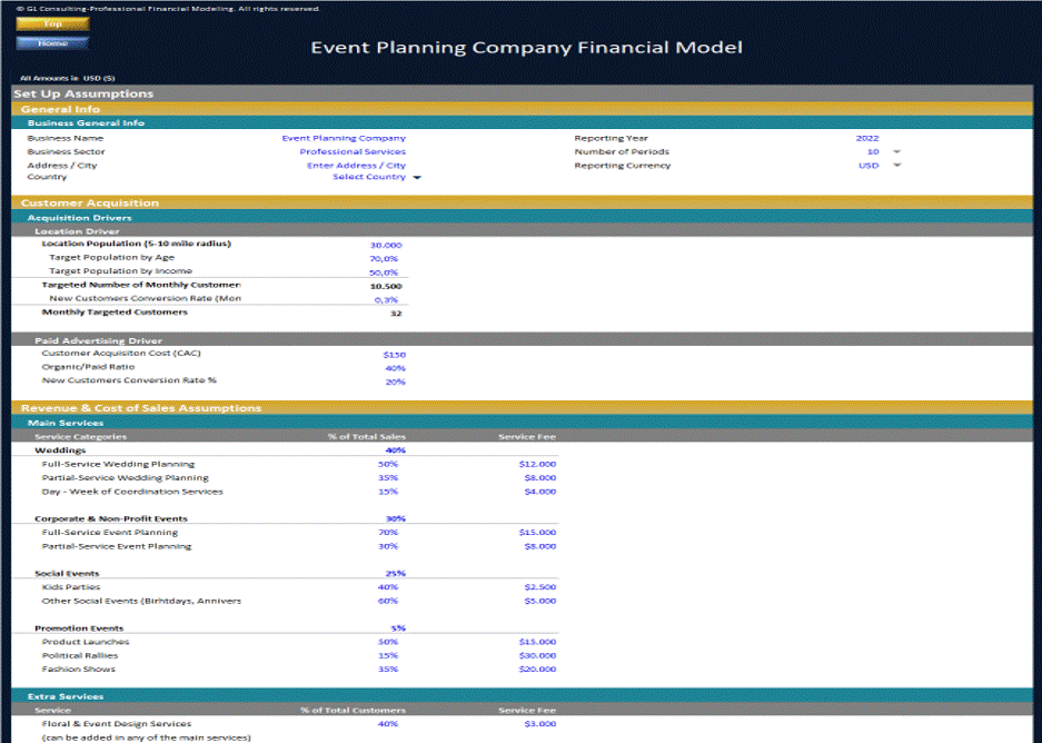 This is a partial preview of Event Planning Company - Dynamic 10 Year Financial Model (Excel workbook (XLSX)). 