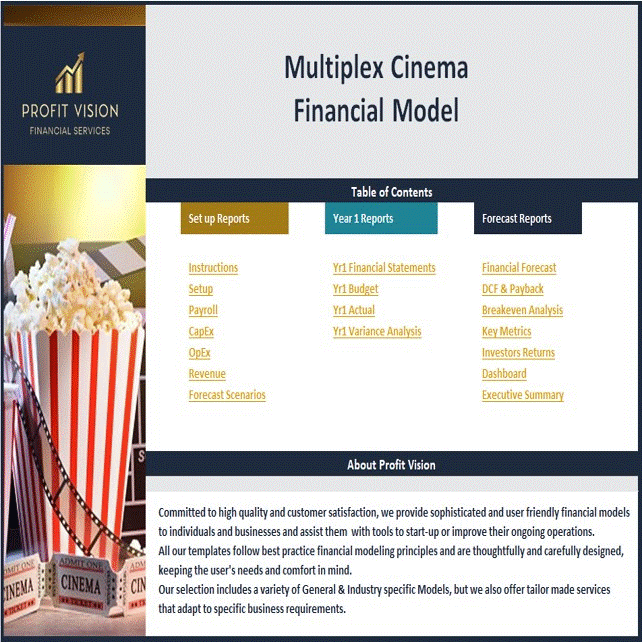 This is a partial preview of Multiplex Cinema Financial Model - Dynamic 10 Year Forecast (Excel workbook (XLSX)). 