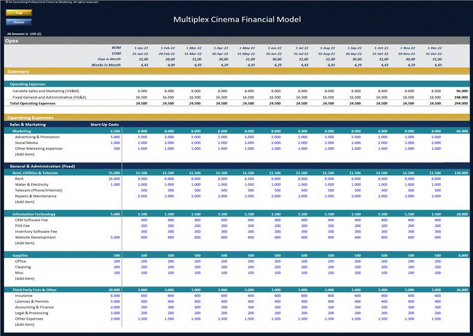 This is a partial preview of Multiplex Cinema Financial Model - Dynamic 10 Year Forecast (Excel workbook (XLSX)). 
