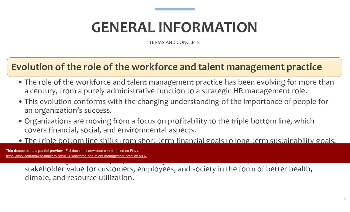 This is a partial preview of ITIL 4 Workforce and Talent Management Practice (95-slide PowerPoint presentation (PPTX)). Full document is 95 slides. 