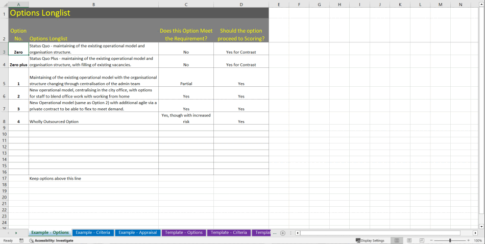 Options Appraisal Toolkit Example And Template Excel XLS