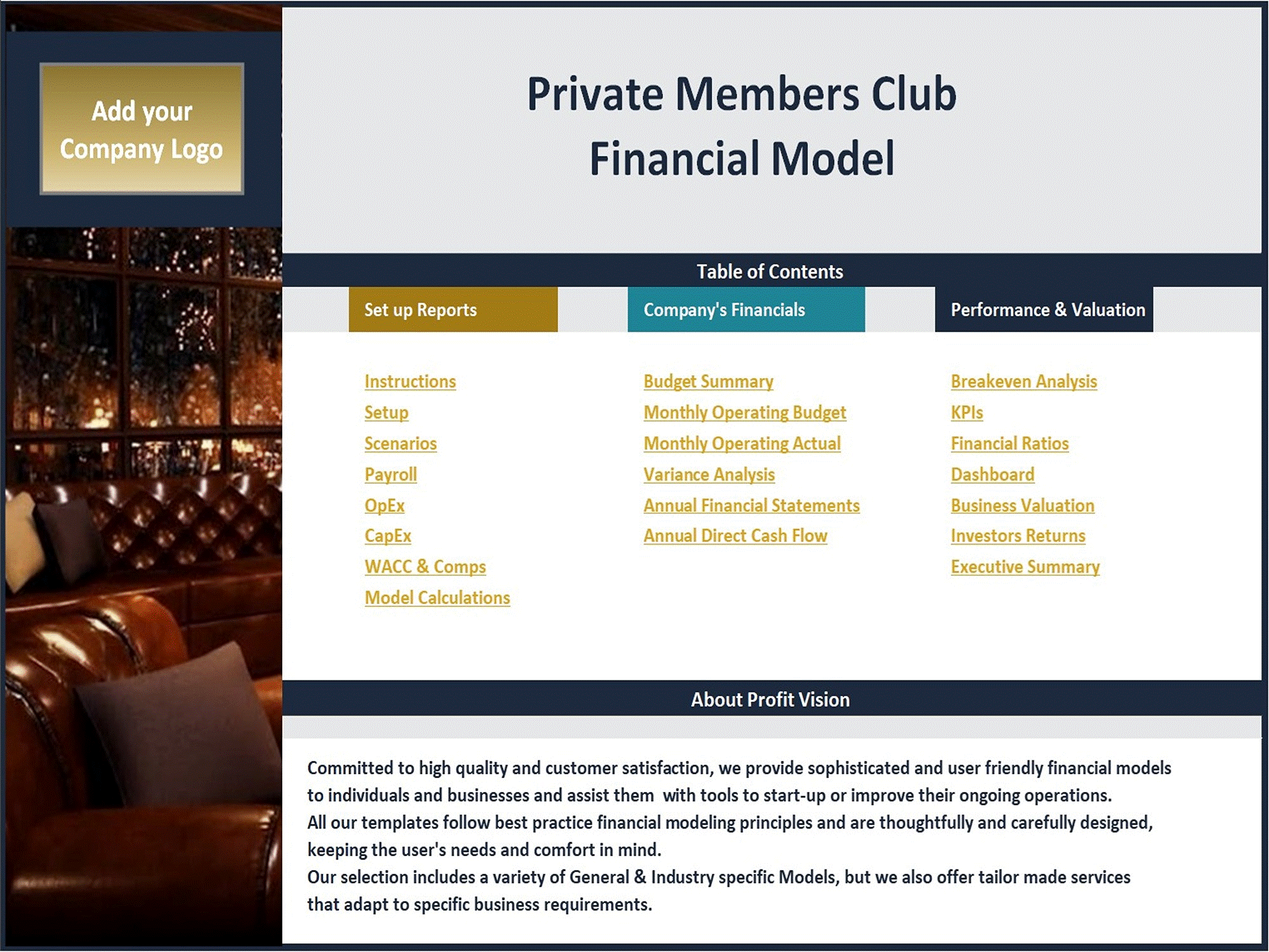 This is a partial preview of Private Members Club - Dynamic 10 Year Financial Model (Excel workbook (XLSX)). 