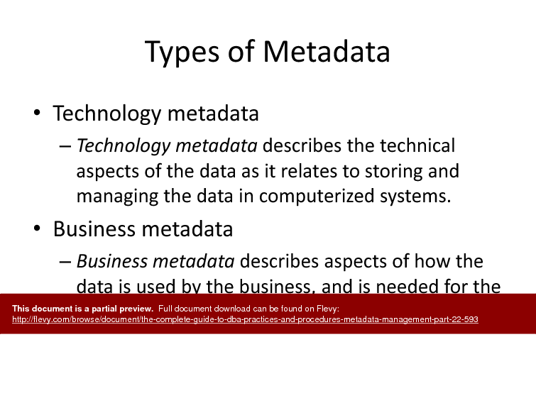 This is a partial preview of The Complete Guide to DBA Practices & Procedures - Metadata Management - Part 22 (20-slide PowerPoint presentation (PPTX)). Full document is 20 slides. 