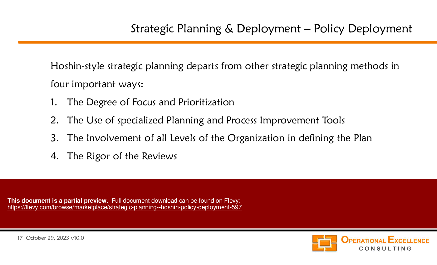 This is a partial preview of Strategic Planning - Hoshin Policy Deployment (). Full document is 137 slides. 