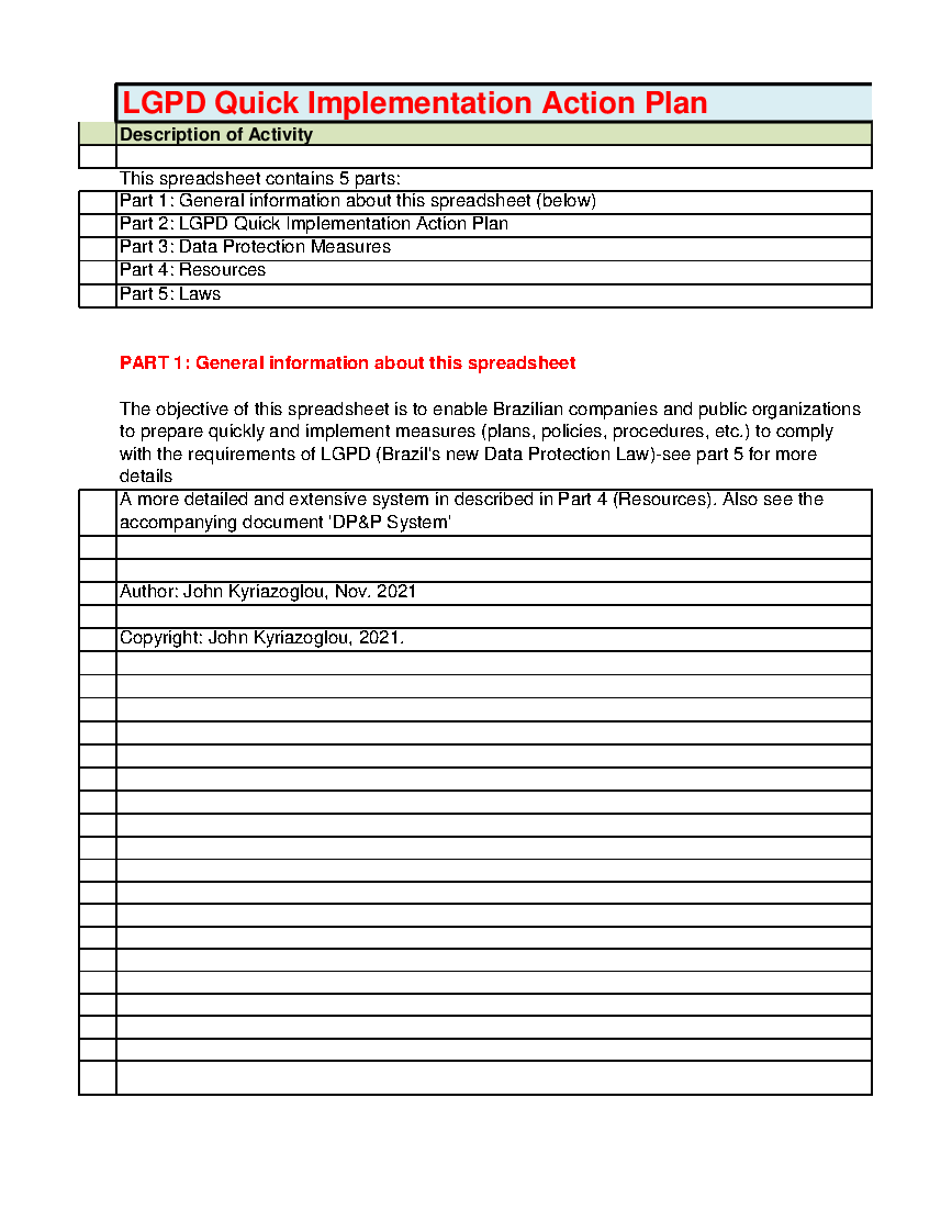 LGPD Quick Implementation Action Plan (Excel template (XLS)) Preview Image