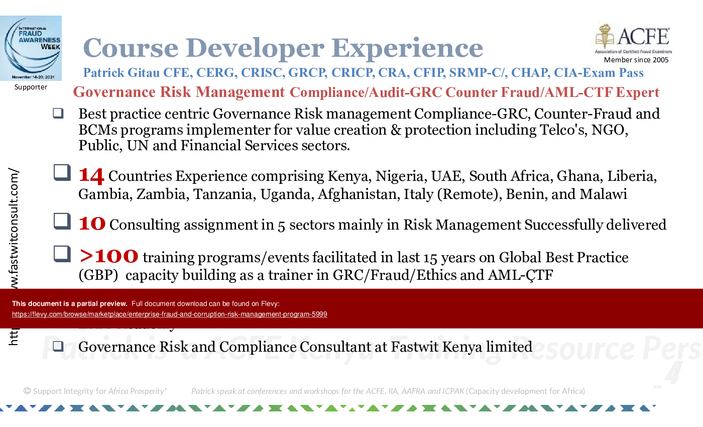 This is a partial preview of Enterprise Fraud and Corruption Risk Management Program (140-slide PowerPoint presentation (PPTX)). Full document is 140 slides. 