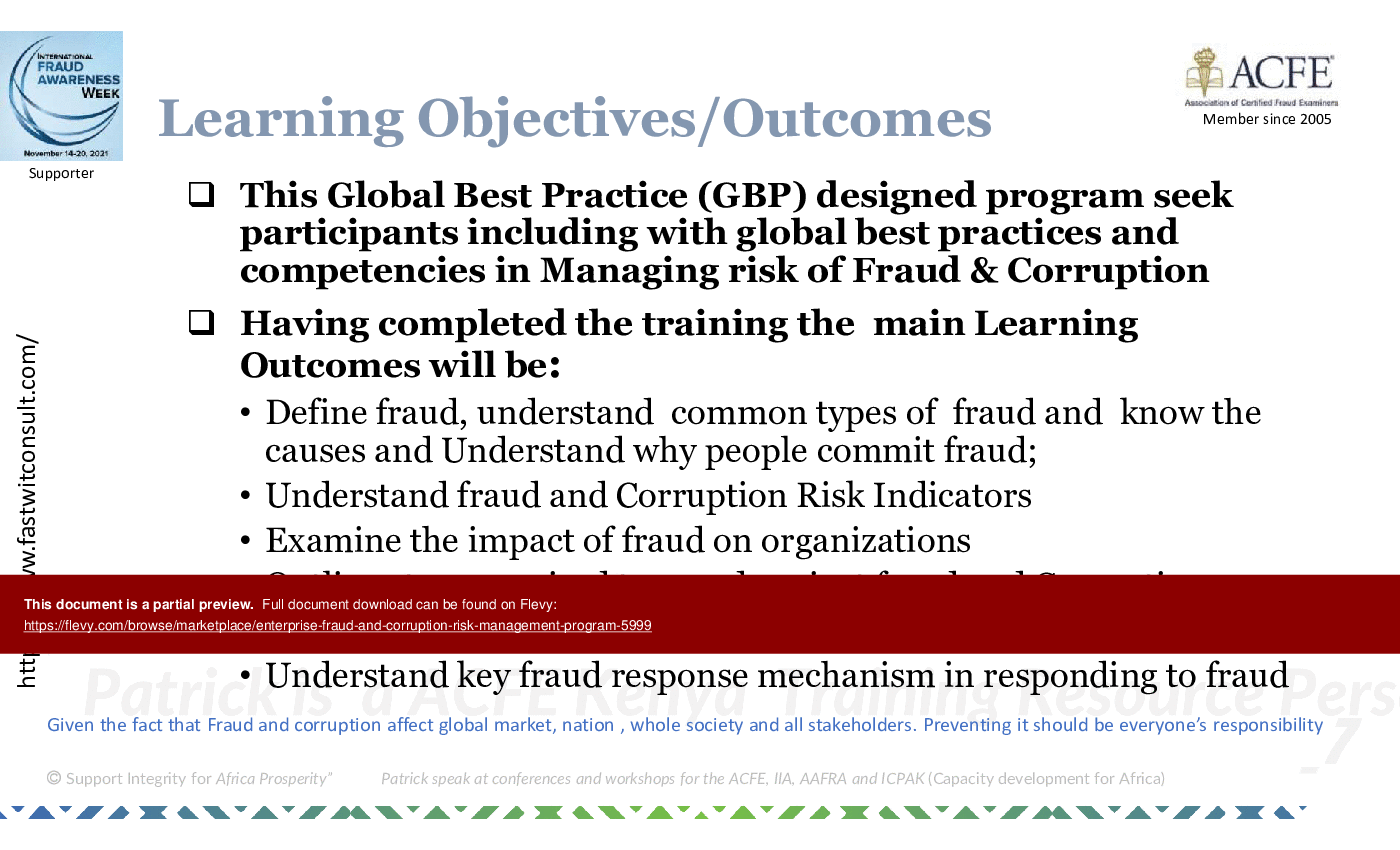 This is a partial preview of Enterprise Fraud and Corruption Risk Management Program (140-slide PowerPoint presentation (PPTX)). Full document is 140 slides. 