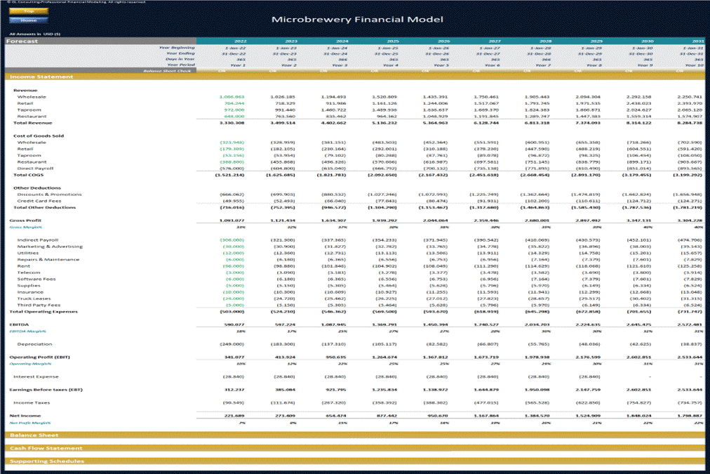 Microbrewery Financial Model - Dynamic 10 Year Forecast (Excel template (XLSX)) Preview Image