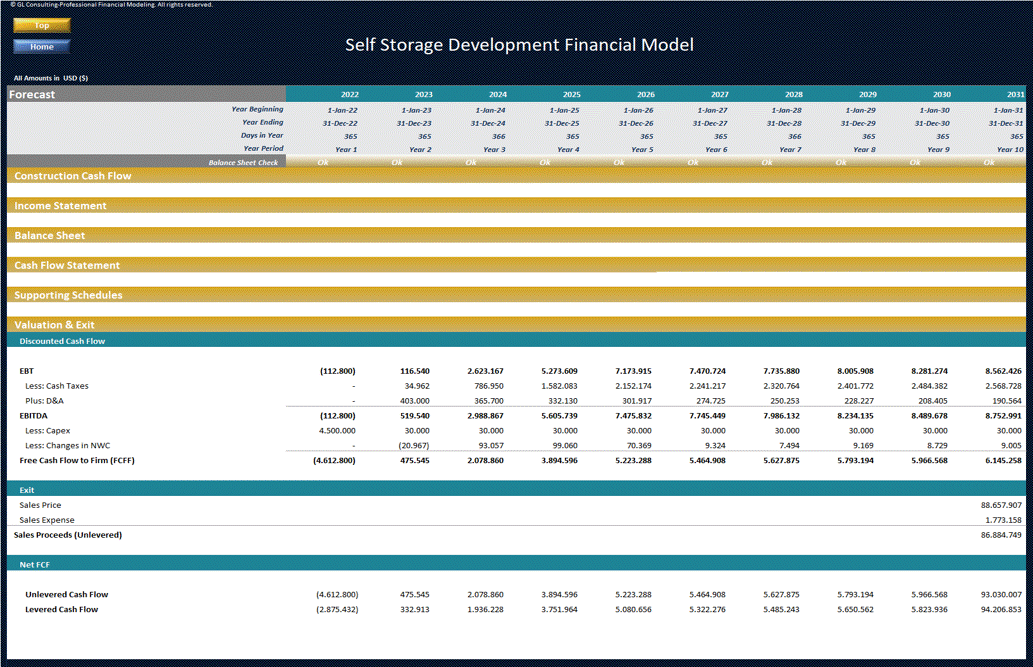 Self Storage Financial Model (Development, Operation, & Valuation) (Excel template (XLSX)) Preview Image
