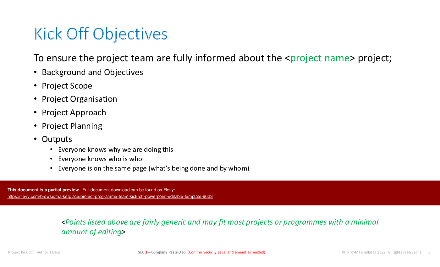 This is a partial preview of Project Programme Team Kick Off PowerPoint Editable Template (29-slide PowerPoint presentation (PPTX)). Full document is 29 slides. 