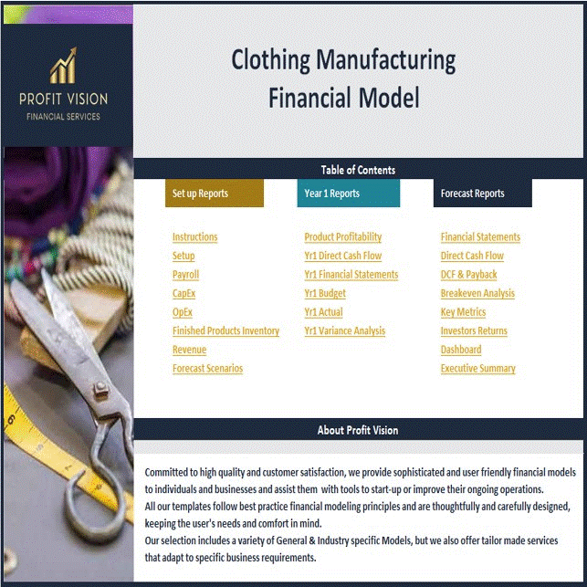 This is a partial preview of Clothing Manufacturing - Dynamic 10 Year Financial Model (Excel workbook (XLSX)). 