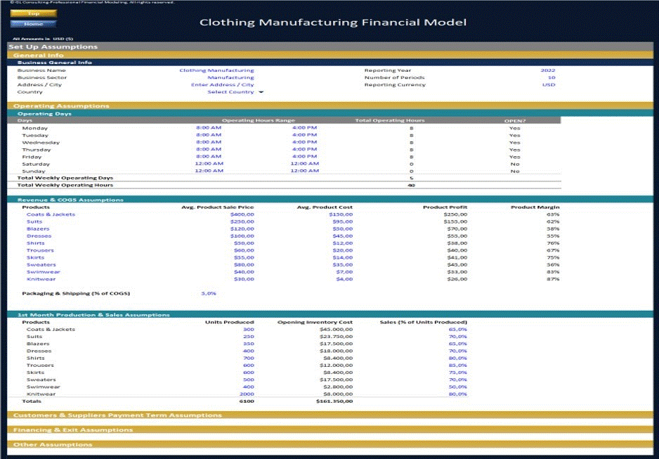This is a partial preview of Clothing Manufacturing - Dynamic 10 Year Financial Model (Excel workbook (XLSX)). 