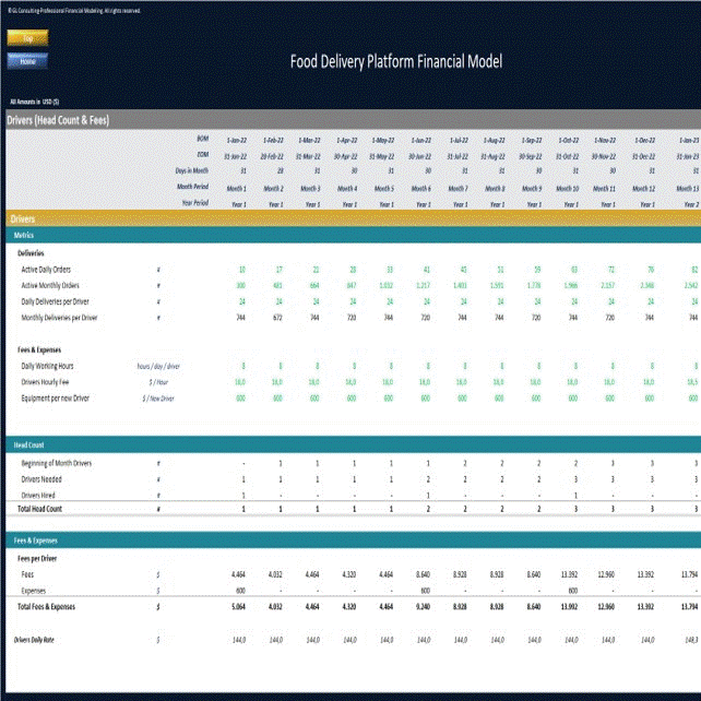Food Delivery Platform - Dynamic 10 Year Financial Model (Excel template (XLSX)) Preview Image