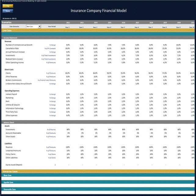 This is a partial preview of Insurance Company Financial Model - Dynamic 10 Year Forecast (Excel workbook (XLSX)). 