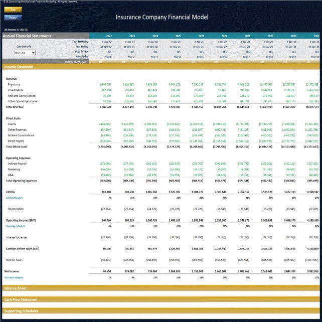 Insurance Company Financial Model - Dynamic 10 Year Forecast (Excel template (XLSX)) Preview Image