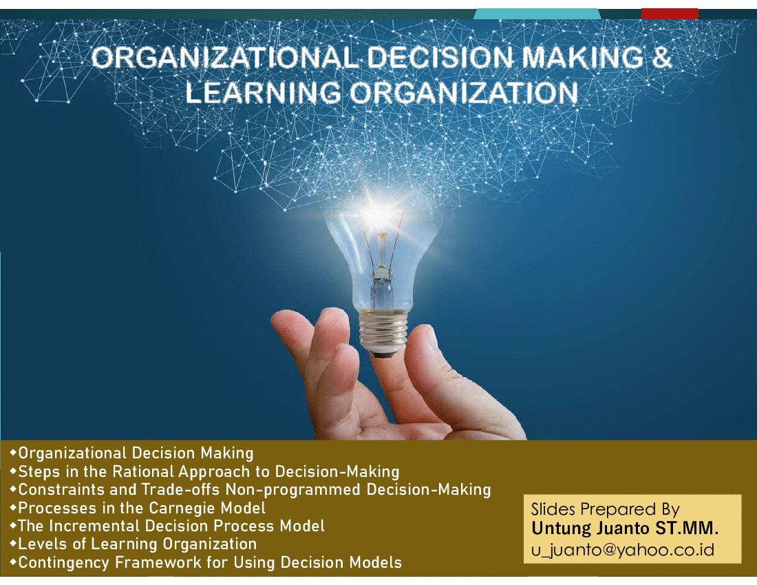 This is a partial preview of Organizational Decision Making & Learning Organization (35-slide PowerPoint presentation (PPT)). Full document is 35 slides. 