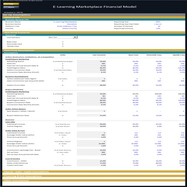 This is a partial preview of E-Learning Marketplace - Dynamic 10 Year Financial Model (Excel workbook (XLSX)). 