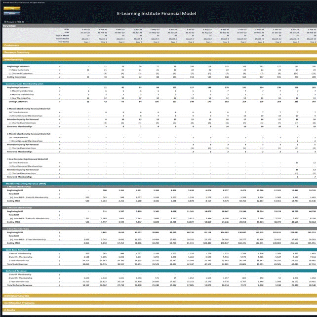 This is a partial preview of E-Learning Institute - Dynamic 10 Year Financial Model (Excel workbook (XLSX)). 