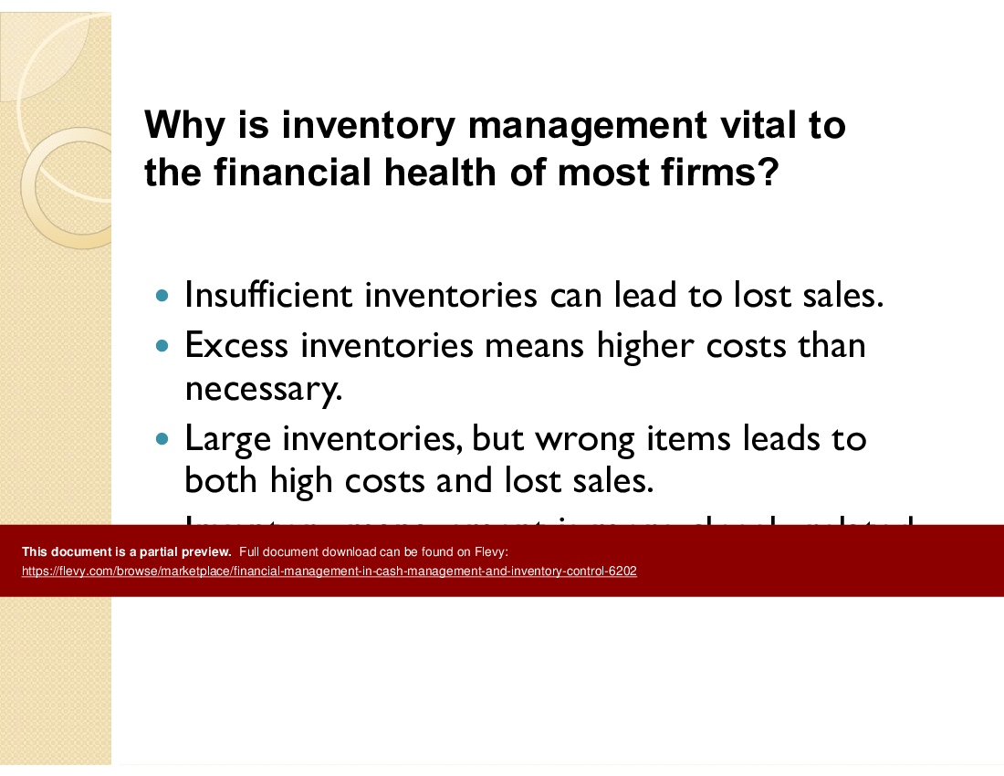 This is a partial preview of Financial Management in Cash Management & Inventory Control (33-slide PowerPoint presentation (PPT)). Full document is 33 slides. 