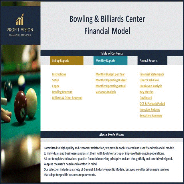 This is a partial preview of Bowling & Billiards Center Financial Model (Excel workbook (XLSX)). 