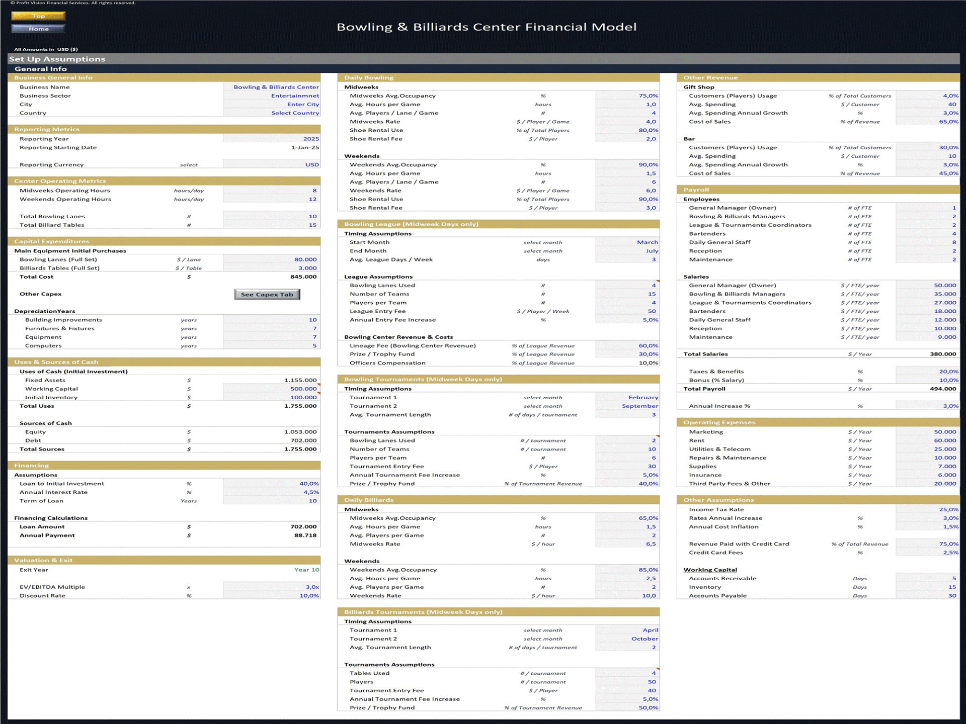 Bowling & Billiards Center Financial Model (Excel template (XLSX)) Preview Image