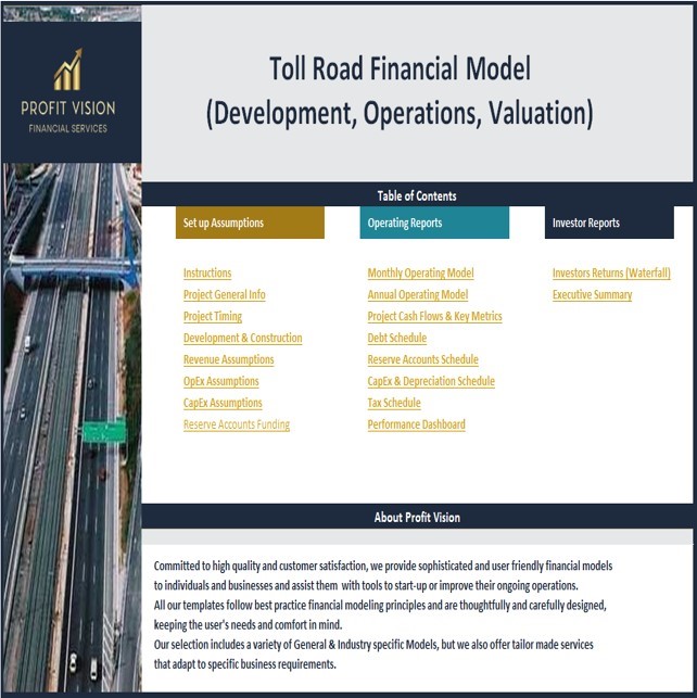This is a partial preview of Toll Road Financial Model (Development & Operation) (Excel workbook (XLSX)). 