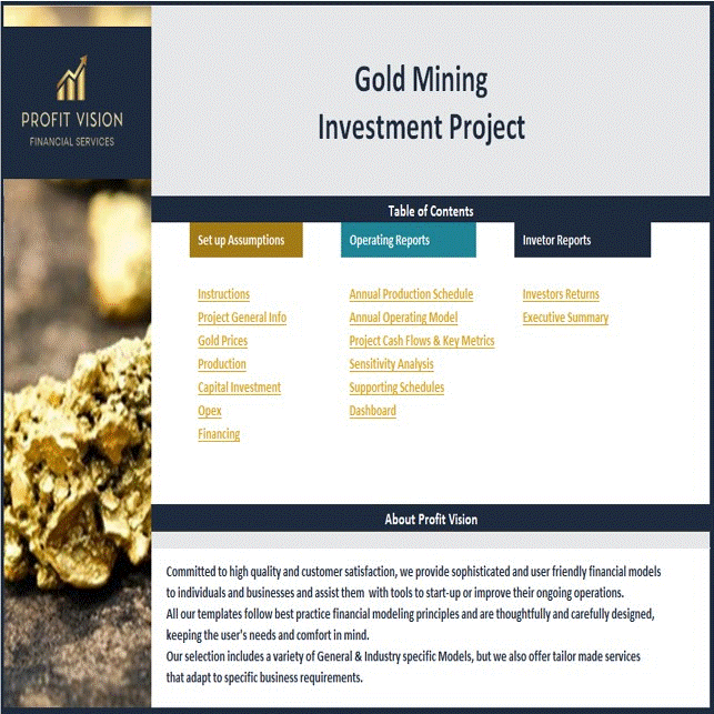 This is a partial preview of Gold Mining Investment Project - 10 year Financial Forecast (Excel workbook (XLSX)). 