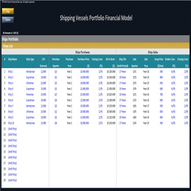 Shipping Vessels Portfolio Financial Model (Excel template (XLSX)) Preview Image