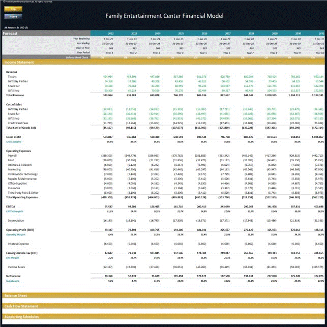 This is a partial preview of Family Entertainment Center - Dynamic 10 Yr Financial Model (Excel workbook (XLSX)). 