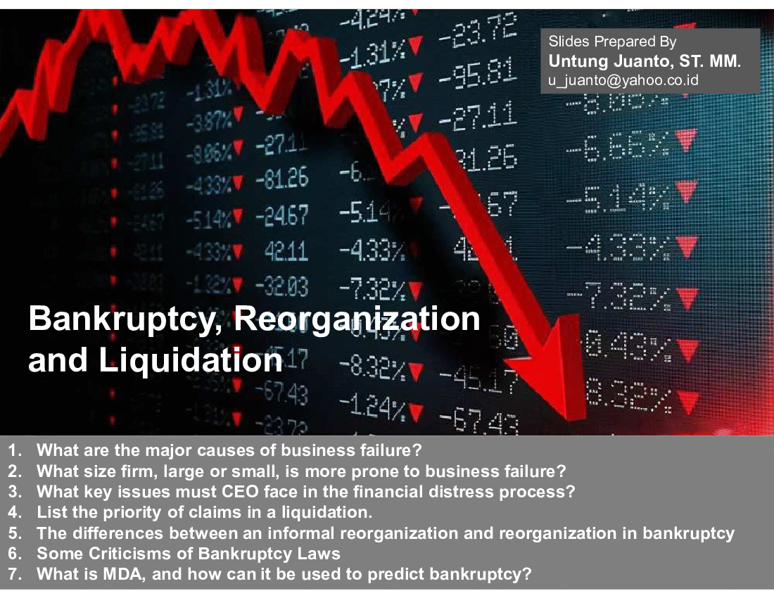 This is a partial preview of Bankruptcy, Reorganization and Liquidation (33-slide PowerPoint presentation (PPT)). Full document is 33 slides. 
