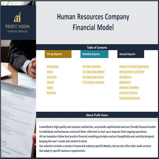 This is a partial preview of Human Resources Company - Dynamic 10 Year Financial Model (Excel workbook (XLSX)). 