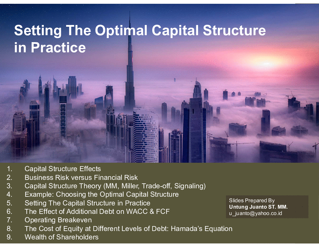 This is a partial preview of Setting The Optimal Capital Structure  in Practice (64-slide PowerPoint presentation (PPT)). Full document is 64 slides. 