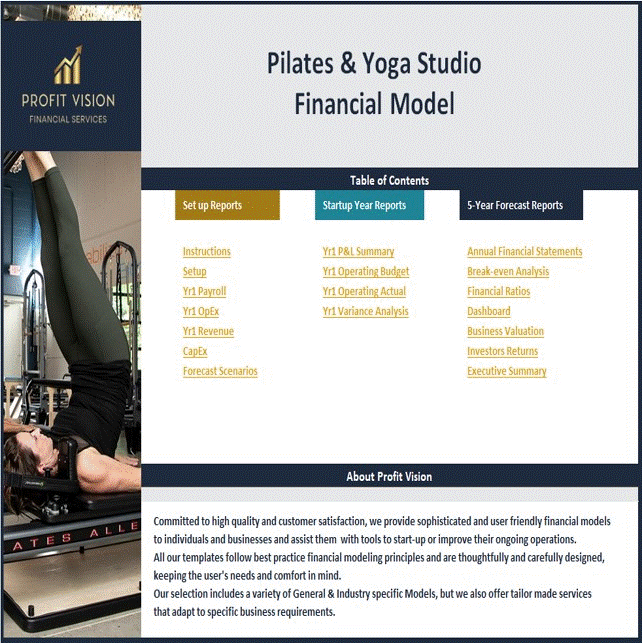 This is a partial preview of Pilates & Yoga Studio Financial Model – 5 Year Forecast (Excel workbook (XLSX)). 