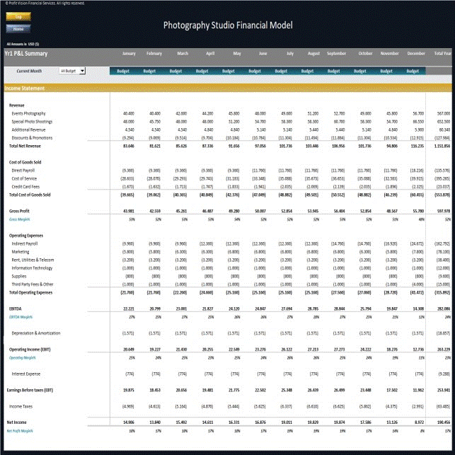 This is a partial preview of Photography Studio Financial Model - Dynamic 10 Yr Forecast (Excel workbook (XLSX)). 