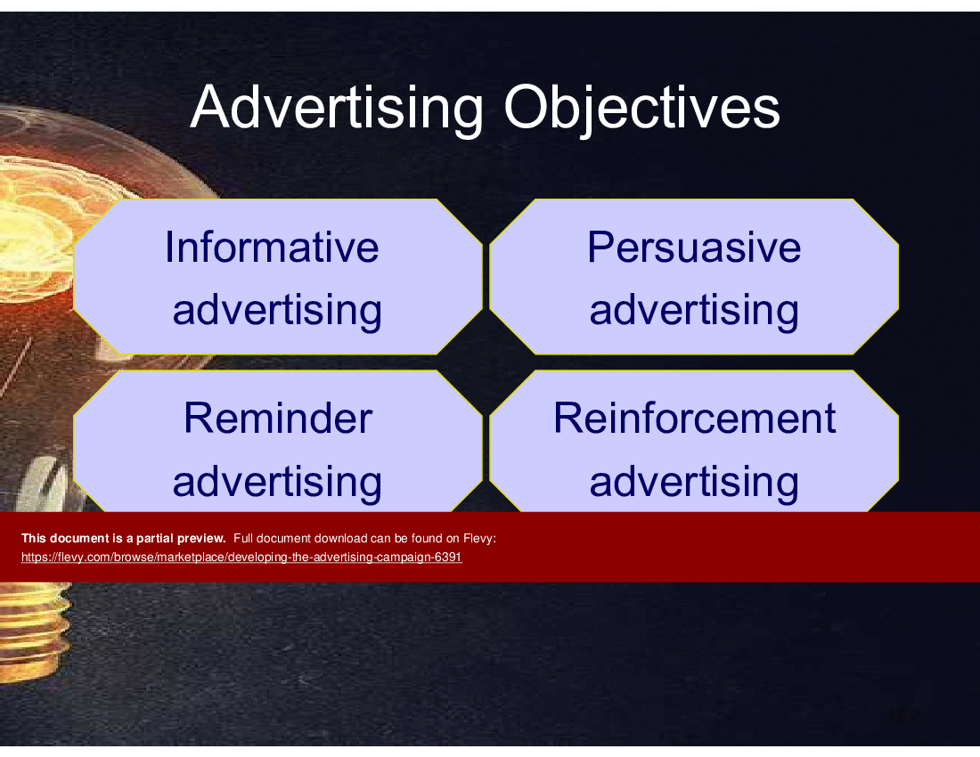 This is a partial preview of Developing  The Advertising Campaign (62-slide PowerPoint presentation (PPT)). Full document is 62 slides. 