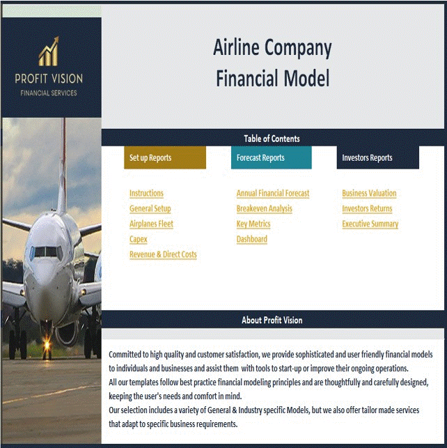 This is a partial preview of Airline Company Financial Model - Dynamic 10 Year Forecast (Excel workbook (XLSX)). 